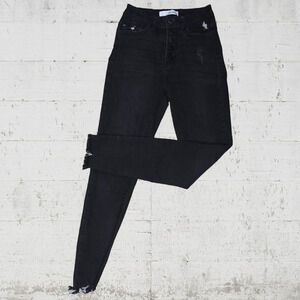 KanCan Black Denim Distressed High Waisted Fringe Fray Hem Skinny Jeans Size 25
